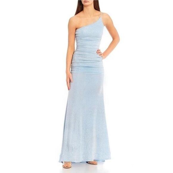 B. Darlin One-Shoulder Side Shirred Long Gown  DRESS  Periwinkle/Silver blue 1/2 - Picture 1 of 13